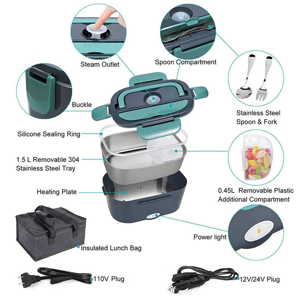 Electric Lunch Box - 80W Heated | 1.8L | 4 in 1 Portable Leak-proof Food Warmer with Detachable Dividers for Car/Truck/Office 12V/24V/110V