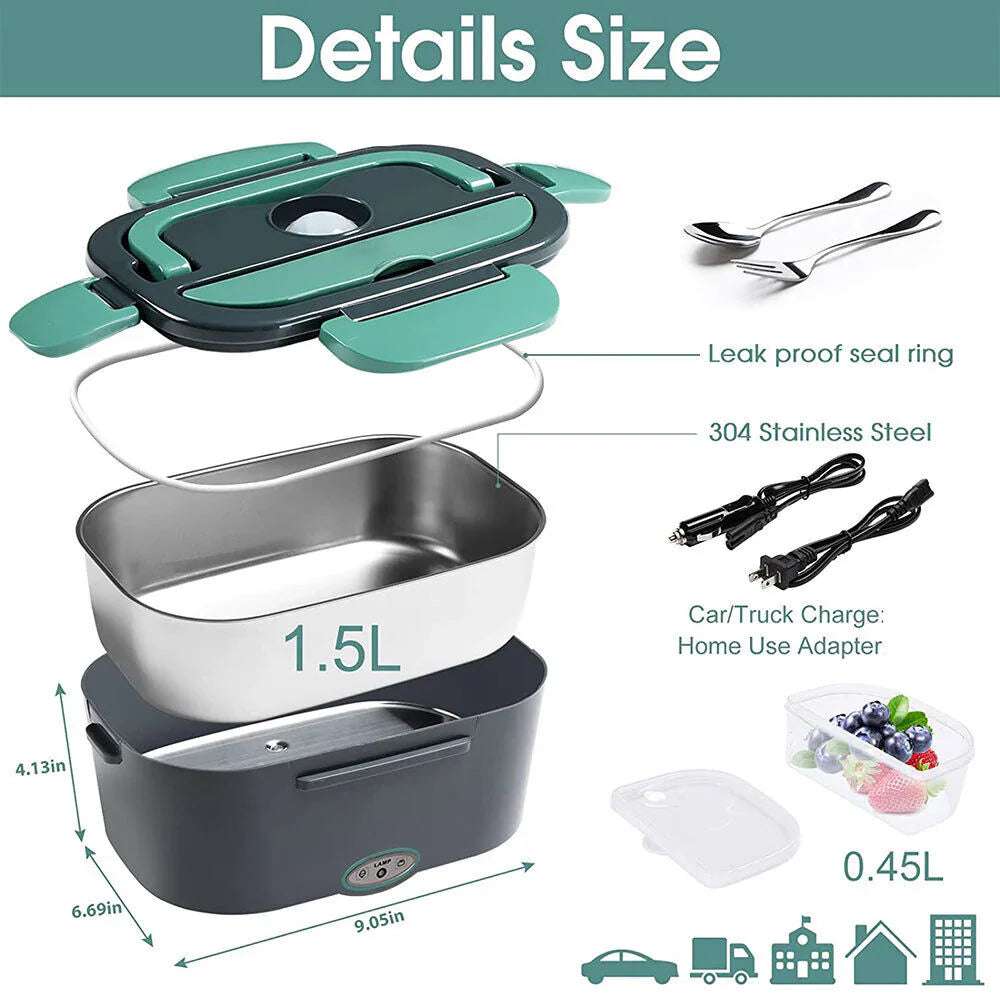 Electric Lunch Box - 80W Heated | 1.8L | 4 in 1 Portable Leak-proof Food Warmer with Detachable Dividers for Car/Truck/Office 12V/24V/110V